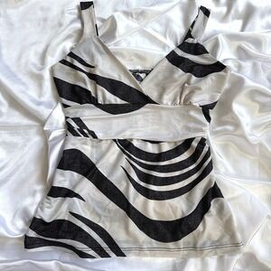 Zebra Print Shimmer Camisole Surplice V-Neck Empire Waist Sleeveless Top Black